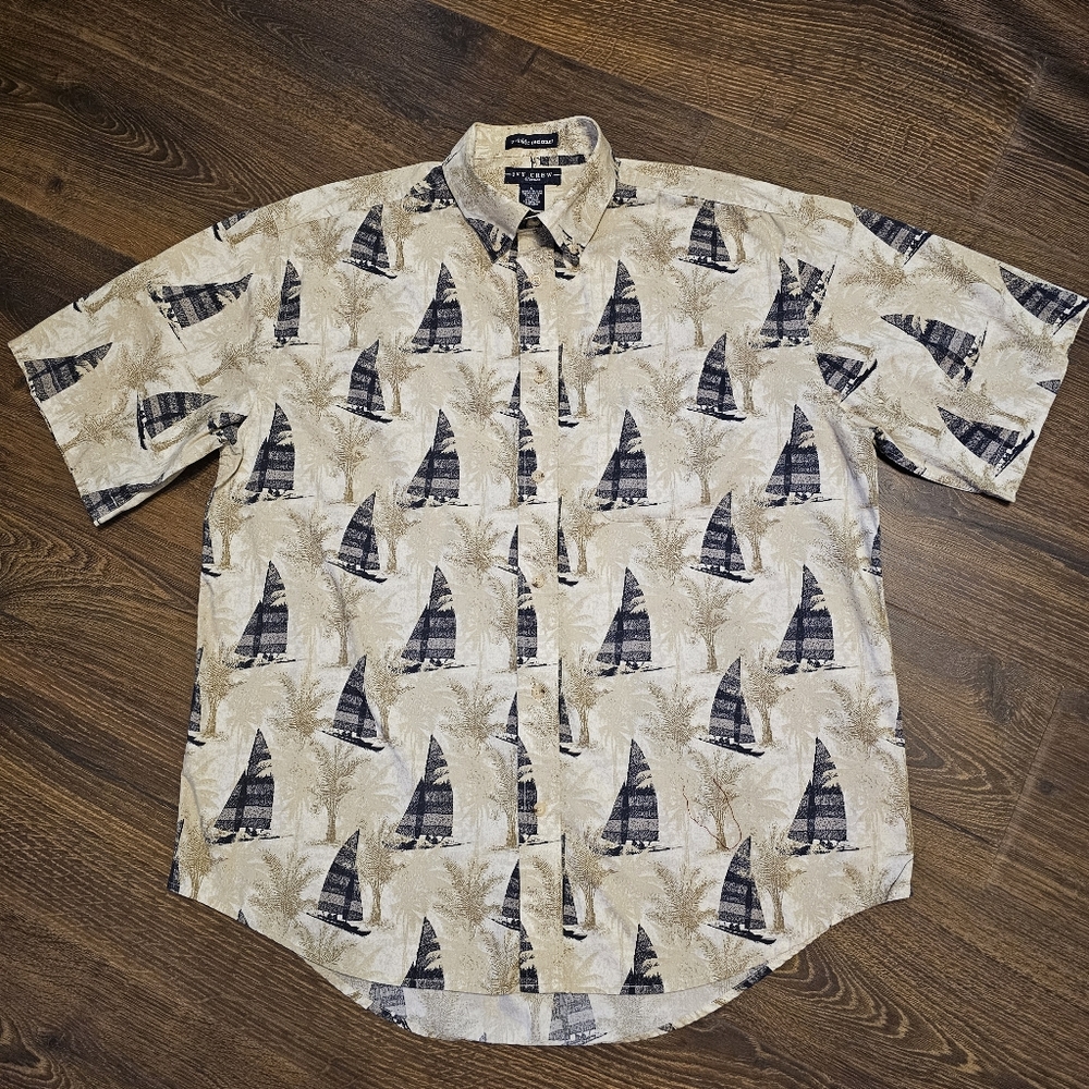 Ivy Crew Shirt Mens Large Tan Sailboat Sailing Button up Short Sleeve